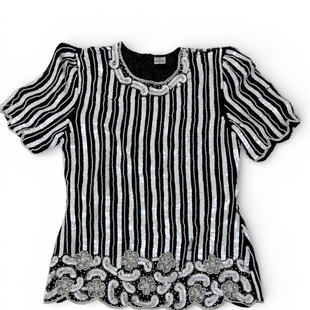 Vinatge Elegant Black and White Striped Women's Top